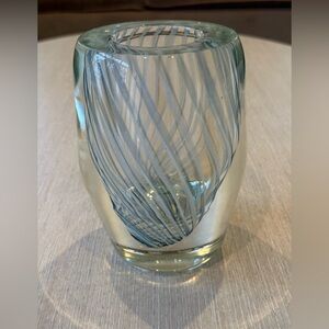 Signed Studio Art Glass Vortex Vase – Bunch 1985 – White Swirl – 7”